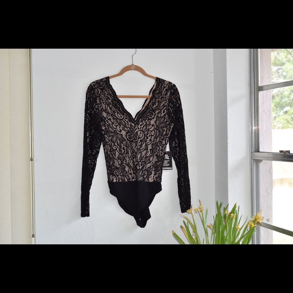 Express long sleeve deep v-neck lace bodysuit
